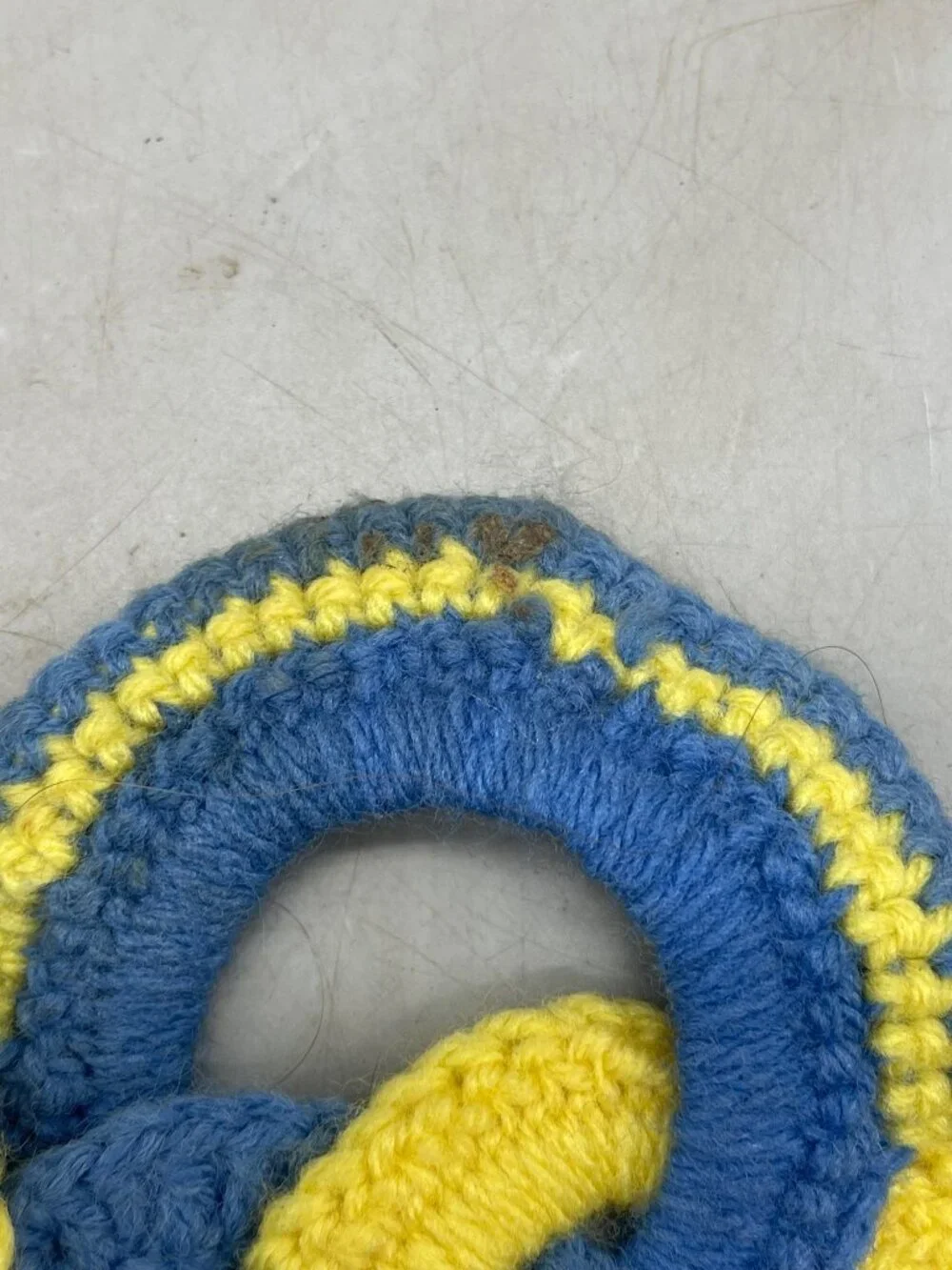 vintage crocheted amish style knot pot holder trivet blue yellow 8